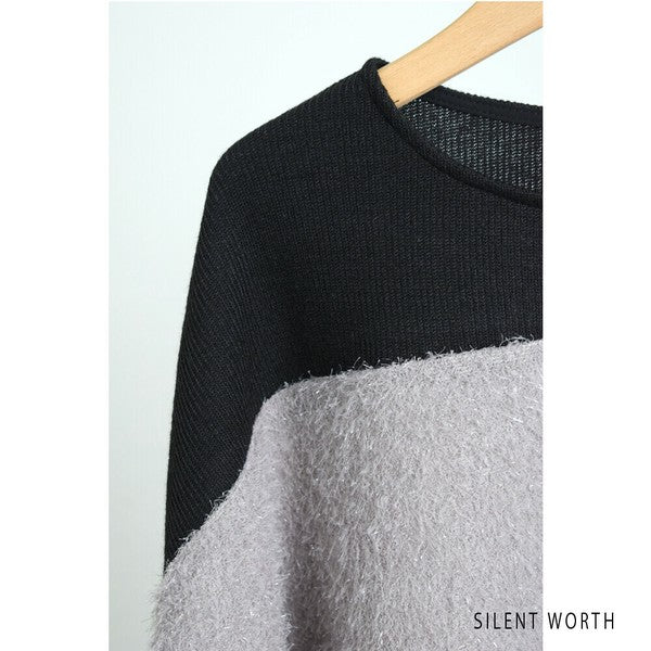 【M〜L相当】シャギー配色プルオーバー｜ふんわり起毛・異素材切替・大人ナチュラル・C-3177