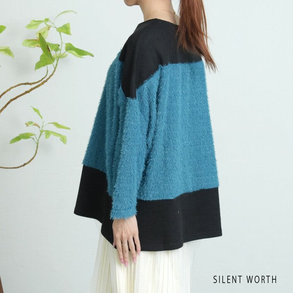 【M〜L相当】シャギー配色プルオーバー｜ふんわり起毛・異素材切替・大人ナチュラル・C-3177