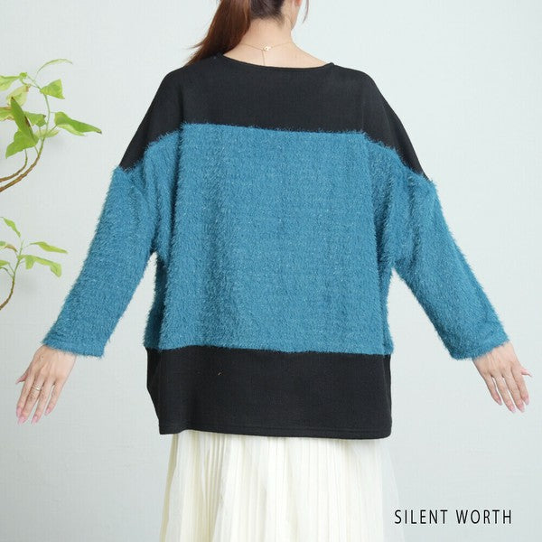 【M〜L相当】シャギー配色プルオーバー｜ふんわり起毛・異素材切替・大人ナチュラル・C-3177