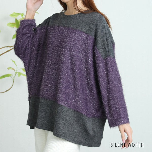 【M〜L相当】シャギー配色プルオーバー｜ふんわり起毛・異素材切替・大人ナチュラル・C-3177
