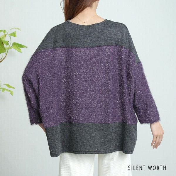 【M〜L相当】シャギー配色プルオーバー｜ふんわり起毛・異素材切替・大人ナチュラル・C-3177