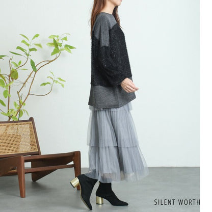 【M〜L相当】シャギー配色プルオーバー｜ふんわり起毛・異素材切替・大人ナチュラル・C-3177