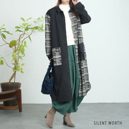 【M】チェック柄パッチワークシャツワンピース｜ロング丈・羽織りにも・SILENT WORTH C-3159