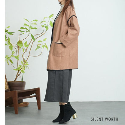 【M〜L相当】配色パイピング起毛ノーカラーコート｜軽量アウター・上品シンプル・秋冬アウター・C-3181