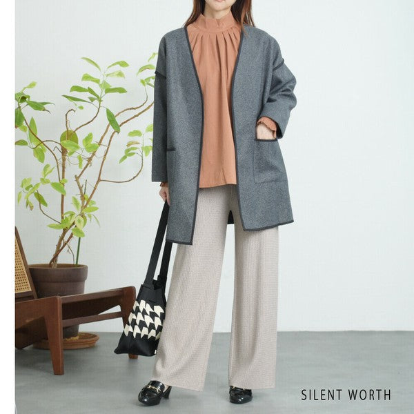 【M〜L相当】配色パイピング起毛ノーカラーコート｜軽量アウター・上品シンプル・秋冬アウター・C-3181