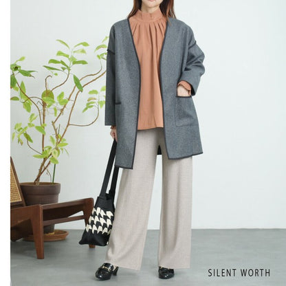 【M〜L相当】配色パイピング起毛ノーカラーコート｜軽量アウター・上品シンプル・秋冬アウター・C-3181