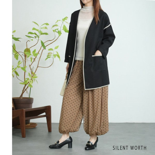 【M〜L相当】配色パイピング起毛ノーカラーコート｜軽量アウター・上品シンプル・秋冬アウター・C-3181