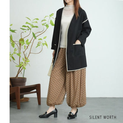 【M〜L相当】配色パイピング起毛ノーカラーコート｜軽量アウター・上品シンプル・秋冬アウター・C-3181