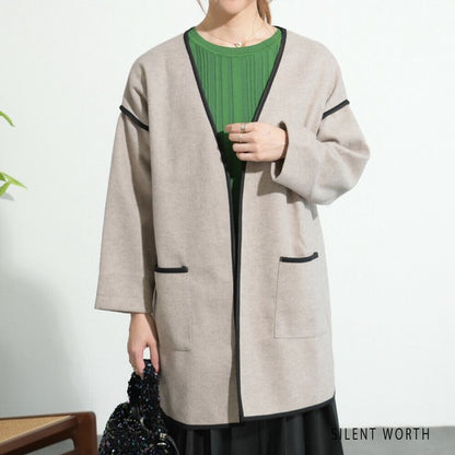 【M〜L相当】配色パイピング起毛ノーカラーコート｜軽量アウター・上品シンプル・秋冬アウター・C-3181