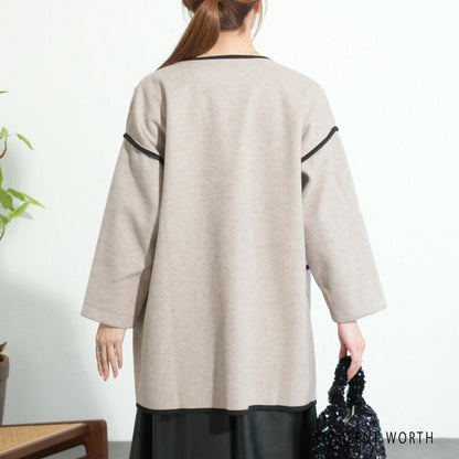 【M〜L相当】配色パイピング起毛ノーカラーコート｜軽量アウター・上品シンプル・秋冬アウター・C-3181