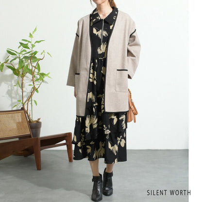 【M〜L相当】配色パイピング起毛ノーカラーコート｜軽量アウター・上品シンプル・秋冬アウター・C-3181