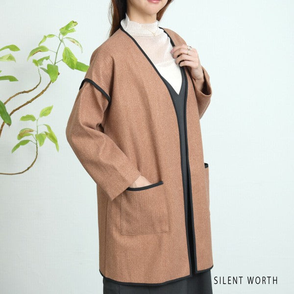 【M〜L相当】配色パイピング起毛ノーカラーコート｜軽量アウター・上品シンプル・秋冬アウター・C-3181