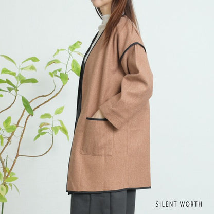 【M〜L相当】配色パイピング起毛ノーカラーコート｜軽量アウター・上品シンプル・秋冬アウター・C-3181