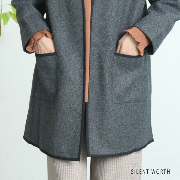 【M〜L相当】配色パイピング起毛ノーカラーコート｜軽量アウター・上品シンプル・秋冬アウター・C-3181