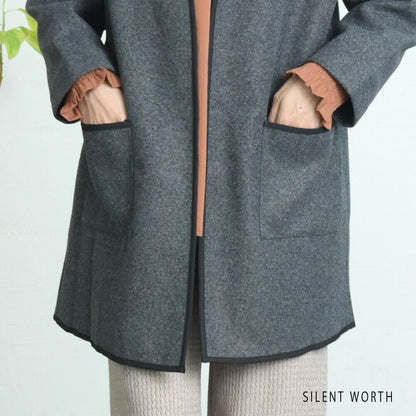 【M〜L相当】配色パイピング起毛ノーカラーコート｜軽量アウター・上品シンプル・秋冬アウター・C-3181