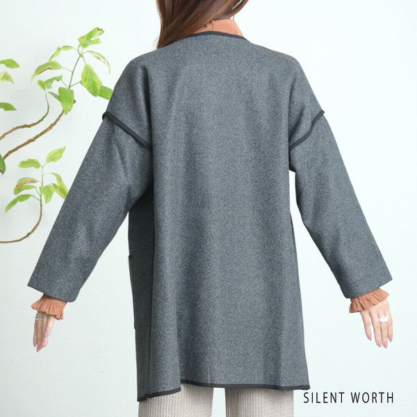 【M〜L相当】配色パイピング起毛ノーカラーコート｜軽量アウター・上品シンプル・秋冬アウター・C-3181