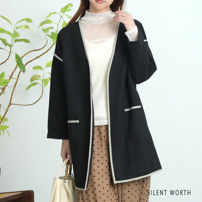 【M〜L相当】配色パイピング起毛ノーカラーコート｜軽量アウター・上品シンプル・秋冬アウター・C-3181