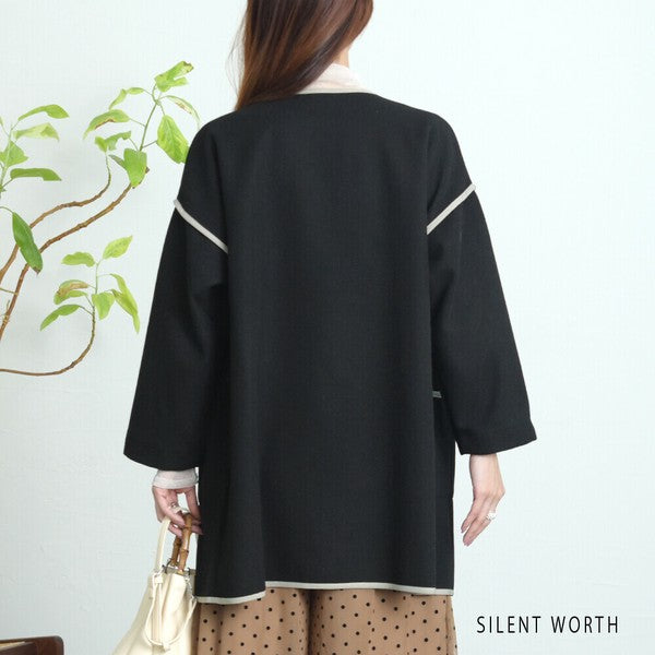 【M〜L相当】配色パイピング起毛ノーカラーコート｜軽量アウター・上品シンプル・秋冬アウター・C-3181