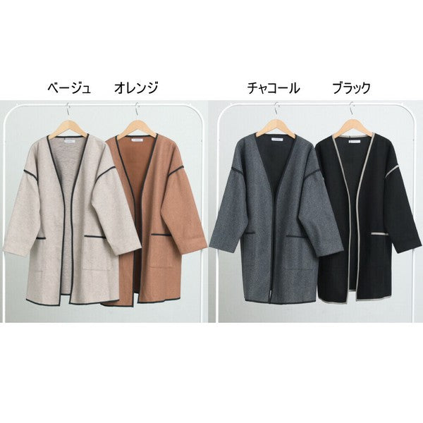 コート ノーカラー パイピング 起毛 アウター ゆったり 体型カバー 秋 冬 M L