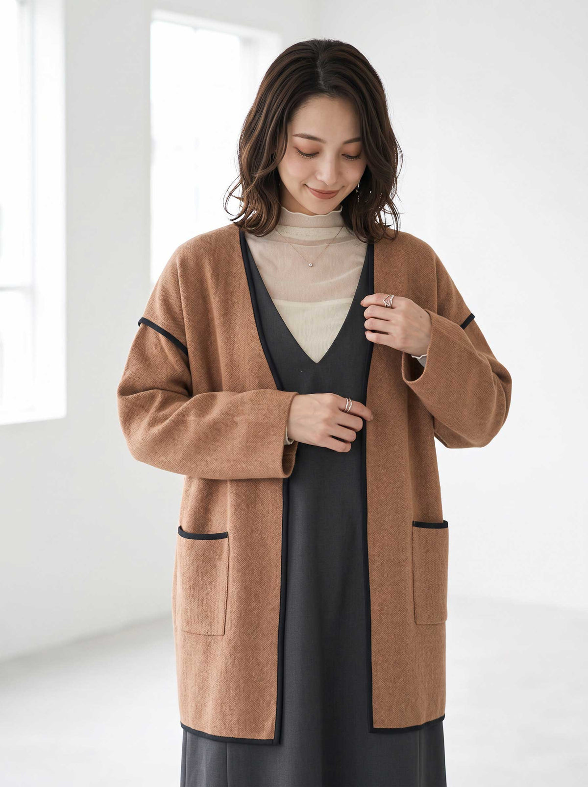 コート ノーカラー パイピング 起毛 アウター ゆったり 体型カバー 秋 冬 M L