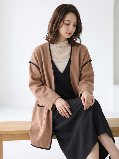コート ノーカラー パイピング 起毛 アウター ゆったり 体型カバー 秋 冬 M L