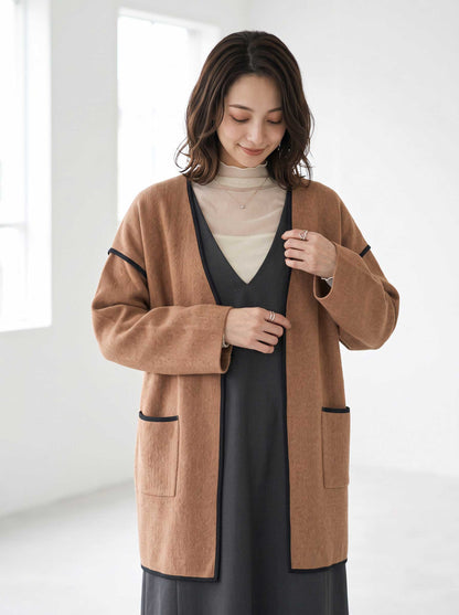 コート ノーカラー パイピング 起毛 アウター ゆったり 体型カバー 秋 冬 M L