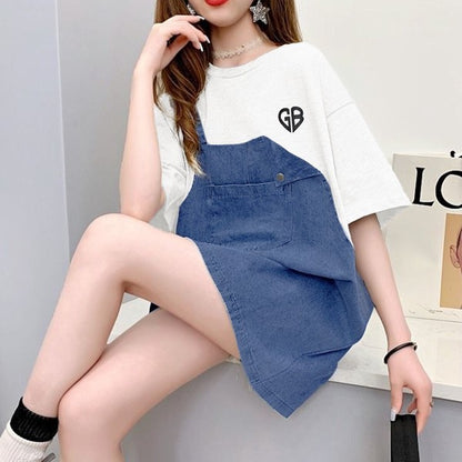 デニム ドッキング オーバーサイズ チュニック Tシャツ 半袖 ゆったり 体型カバー 綿100% 春 夏