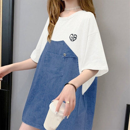 デニム ドッキング オーバーサイズ チュニック Tシャツ 半袖 ゆったり 体型カバー 綿100% 春 夏