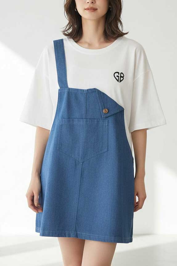 デニム ドッキング オーバーサイズ チュニック Tシャツ 半袖 ゆったり 体型カバー 綿100% 春 夏