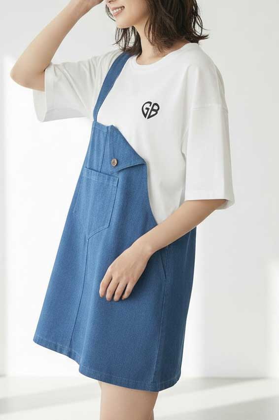 デニム ドッキング オーバーサイズ チュニック Tシャツ 半袖 ゆったり 体型カバー 綿100% 春 夏