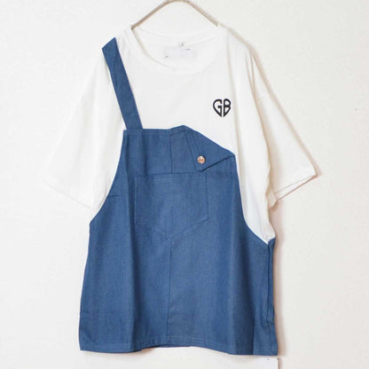 デニム ドッキング オーバーサイズ チュニック Tシャツ 半袖 ゆったり 体型カバー 綿100% 春 夏