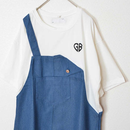 デニム ドッキング オーバーサイズ チュニック Tシャツ 半袖 ゆったり 体型カバー 綿100% 春 夏