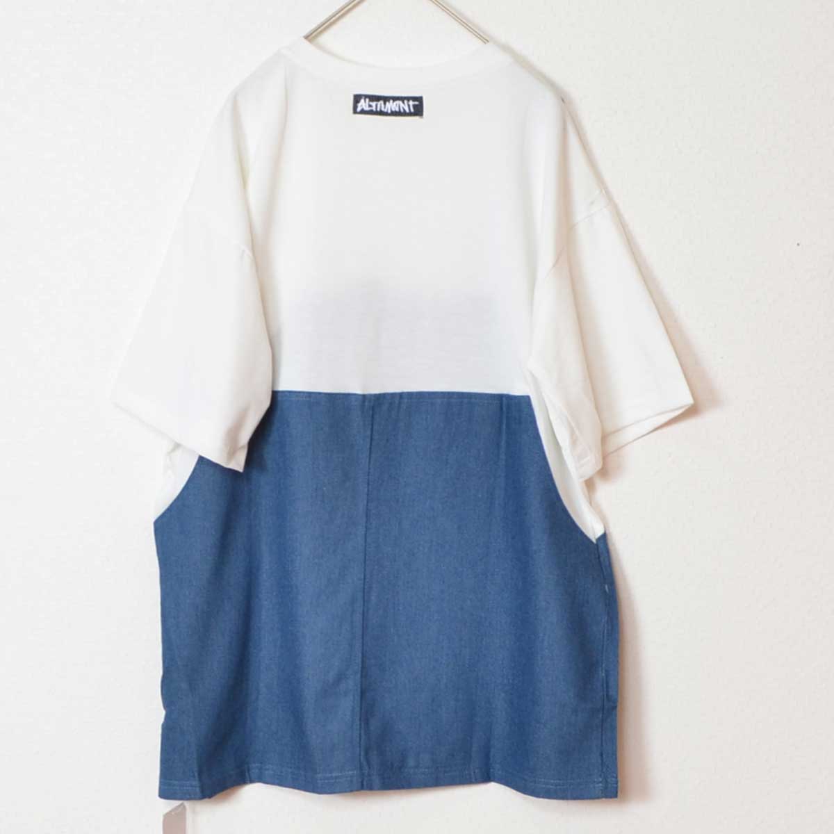 デニム ドッキング オーバーサイズ チュニック Tシャツ 半袖 ゆったり 体型カバー 綿100% 春 夏