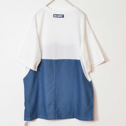 デニム ドッキング オーバーサイズ チュニック Tシャツ 半袖 ゆったり 体型カバー 綿100% 春 夏