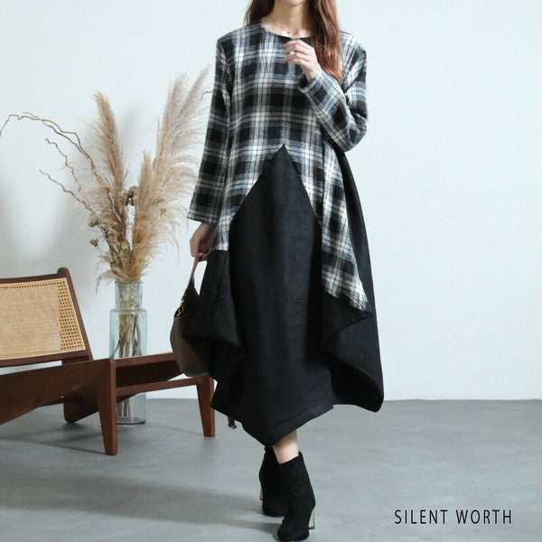 Mサイズ】起毛チェック柄アシメ配色ワンピース｜異素材切替