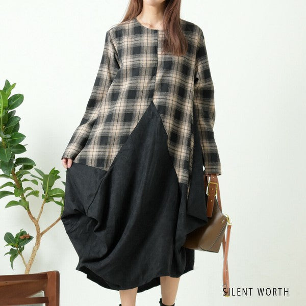 Mサイズ】起毛チェック柄アシメ配色ワンピース｜異素材切替