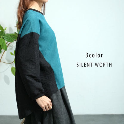 【Mサイズ】ふくれジャカード配色プルオーバー｜異素材切替・体型カバー・長袖トップス・秋冬・Z-093