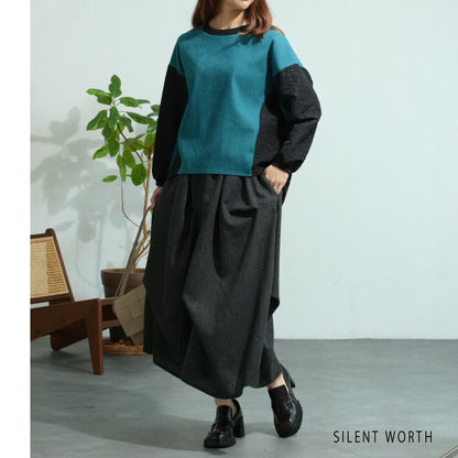 【Mサイズ】ふくれジャカード配色プルオーバー｜異素材切替・体型カバー・長袖トップス・秋冬・Z-093