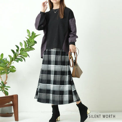 【Mサイズ】ふくれジャカード配色プルオーバー｜異素材切替・体型カバー・長袖トップス・秋冬・Z-093