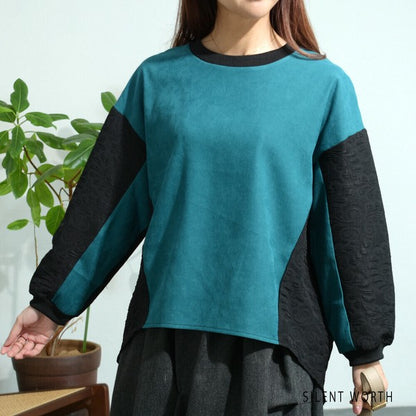 【Mサイズ】ふくれジャカード配色プルオーバー｜異素材切替・体型カバー・長袖トップス・秋冬・Z-093