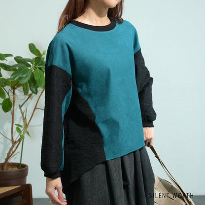 【Mサイズ】ふくれジャカード配色プルオーバー｜異素材切替・体型カバー・長袖トップス・秋冬・Z-093