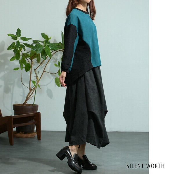 【Mサイズ】ふくれジャカード配色プルオーバー｜異素材切替・体型カバー・長袖トップス・秋冬・Z-093