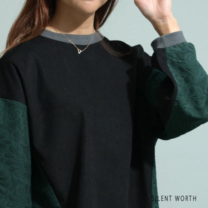 【Mサイズ】ふくれジャカード配色プルオーバー｜異素材切替・体型カバー・長袖トップス・秋冬・Z-093