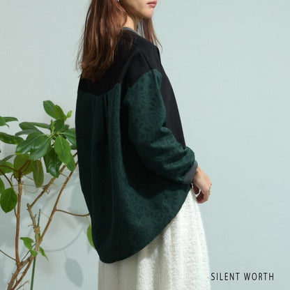 【Mサイズ】ふくれジャカード配色プルオーバー｜異素材切替・体型カバー・長袖トップス・秋冬・Z-093