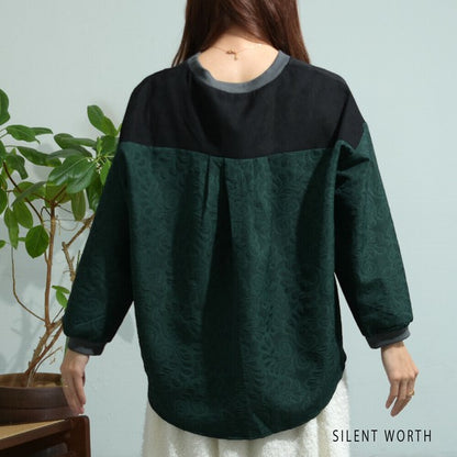 【Mサイズ】ふくれジャカード配色プルオーバー｜異素材切替・体型カバー・長袖トップス・秋冬・Z-093