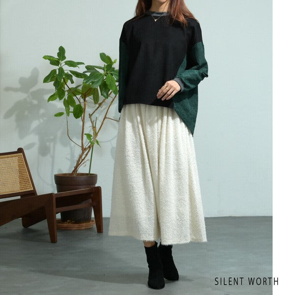 【Mサイズ】ふくれジャカード配色プルオーバー｜異素材切替・体型カバー・長袖トップス・秋冬・Z-093