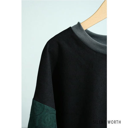 【Mサイズ】ふくれジャカード配色プルオーバー｜異素材切替・体型カバー・長袖トップス・秋冬・Z-093