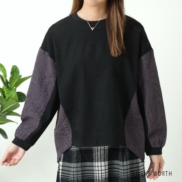 【Mサイズ】ふくれジャカード配色プルオーバー｜異素材切替・体型カバー・長袖トップス・秋冬・Z-093