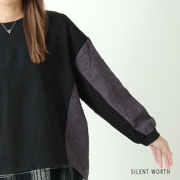 【Mサイズ】ふくれジャカード配色プルオーバー｜異素材切替・体型カバー・長袖トップス・秋冬・Z-093