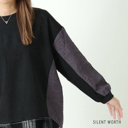 【Mサイズ】ふくれジャカード配色プルオーバー｜異素材切替・体型カバー・長袖トップス・秋冬・Z-093